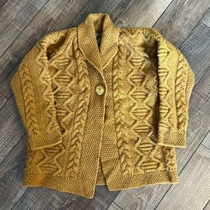 Inis Crafts Mustard Gold Wool Cable Knit Cardigan Sweater